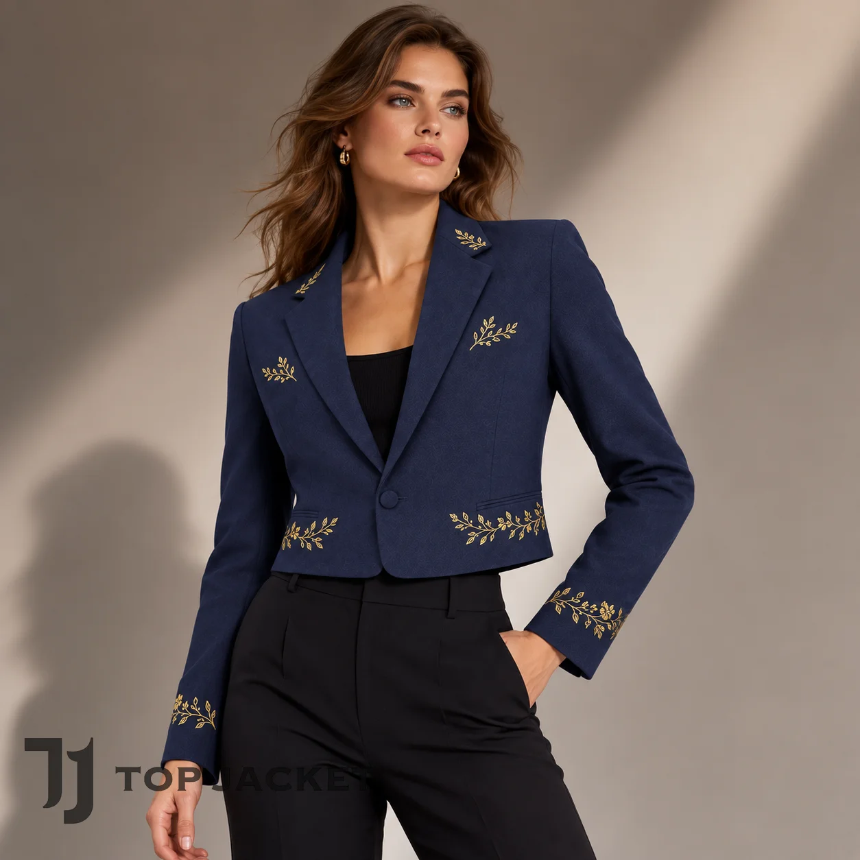 Navy Blue Floral Embroidered Blazer, Women’s Cropped Suit Jacket, Gold Embroidery Formal Jacket, Luxury Tailored Evening Wear Navy Blue Floral Embroidered Blazer, Women’s Cropped Suit Jacket, Gold Embroidery Formal Jacket, Luxury Tailored Evening Wear