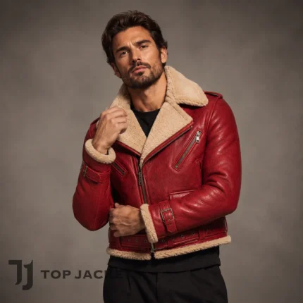 Red Leather Moto Jacket Men, Cropped Shearling Biker Coat, Fur Collar Aviator Jacket, Belted Vintage Motorcycle Style