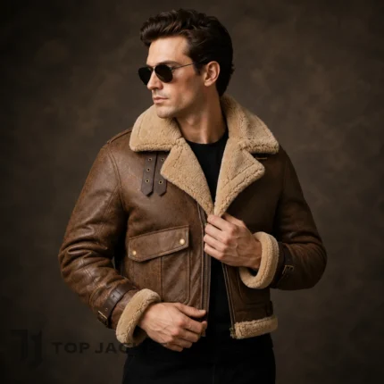 Vintage Brown Leather Aviator Jacket Men, Cropped Shearling Bomber Jacket, Distressed Pilot Flight Coat, Winter Outerwear