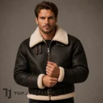 Vintage Cropped Leather Bomber Jacket Men, Faux Shearling Aviator Coat, Belted Biker Jacket, Fur Collar Motorcycle Flight Jacket