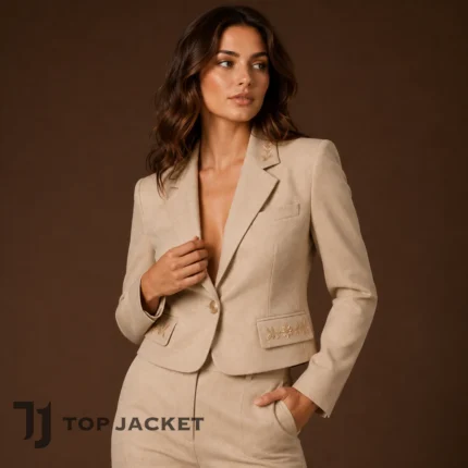 Women’s Beige Short Blazer, Floral Embroidered Suit Jacket, Fitted Cropped Blazer, Elegant Business Casual Wedding Wear