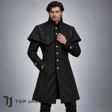 Black Gothic Military Coat Men, Victorian Steampunk Long Jacket, Ornate Shoulder Capelet, Medieval Fantasy Cosplay Outfit