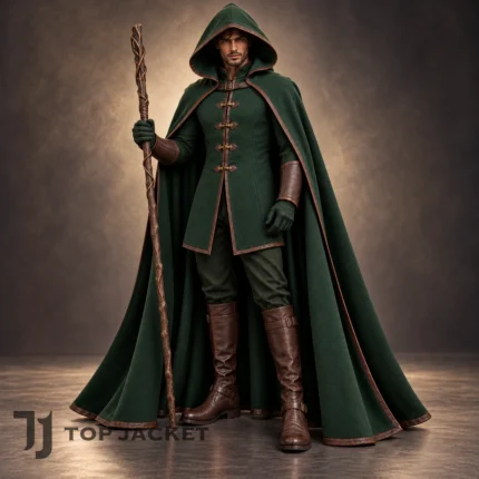 Green Medieval Ranger Cloak, Hooded Fantasy Warrior Costume, Elven Druid Outfit, Renaissance Faire LARP Cosplay for Men