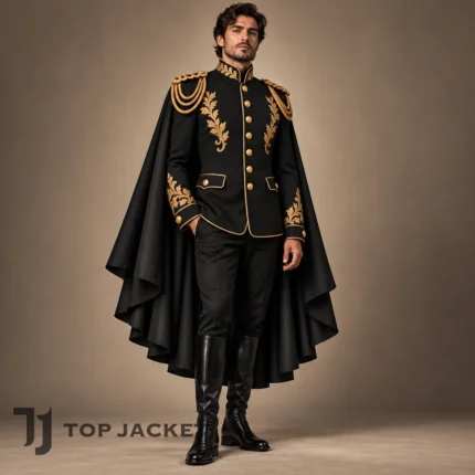 Men's Black Gold Military Parade Jacket, Royal Commander Cape Uniform, Gothic Steampunk Cosplay Coat