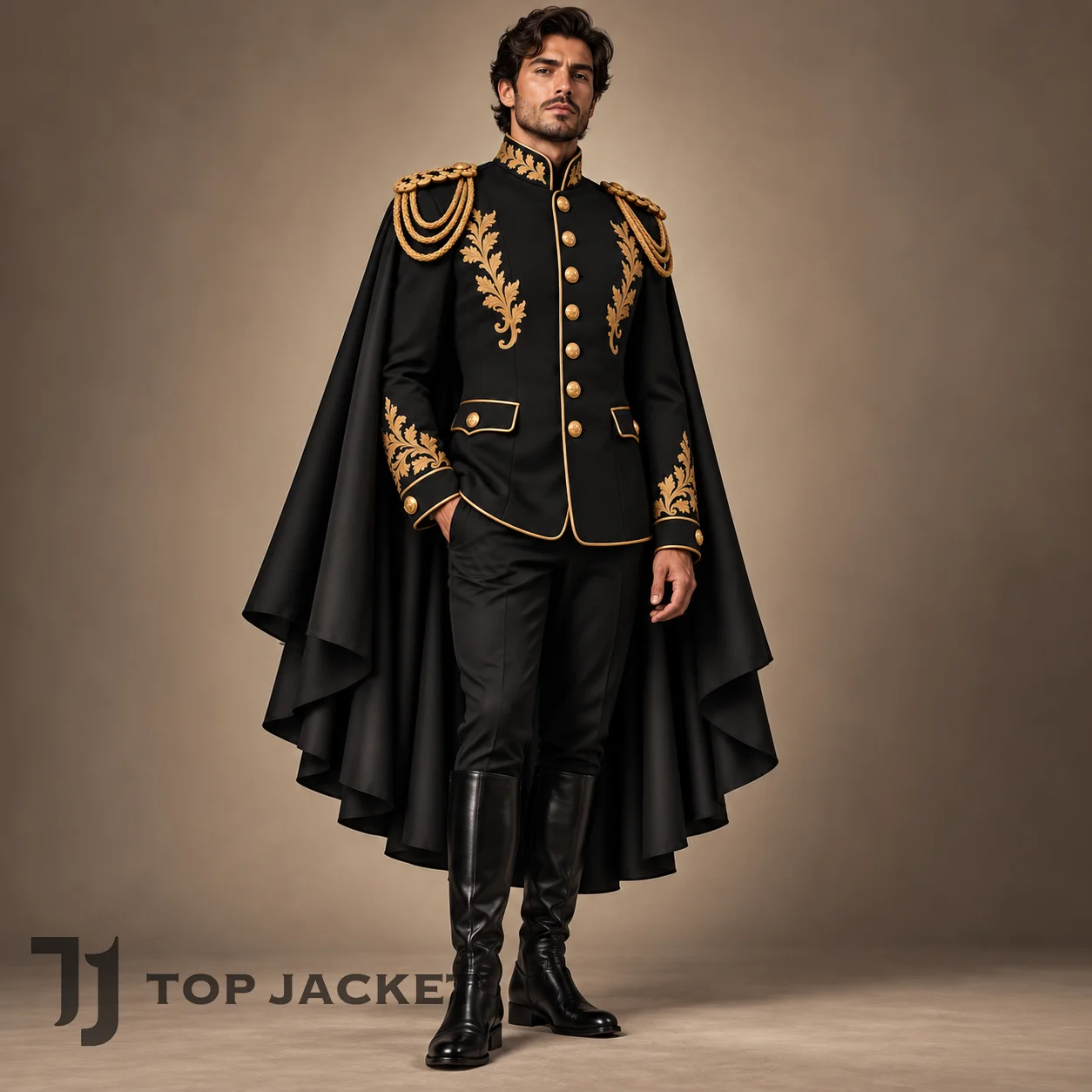 Men's Black Gold Military Parade Jacket, Royal Commander Cape Uniform, Gothic Steampunk Cosplay Coat Men's Black Gold Military Parade Jacket, Royal Commander Cape Uniform, Gothic Steampunk Cosplay Coat