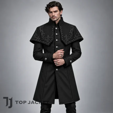 Men's Black Gothic Vampire Coat, Victorian Aristocrat Jacket, Embroidered Military Style Overcoat, Gothic Wedding Outfit