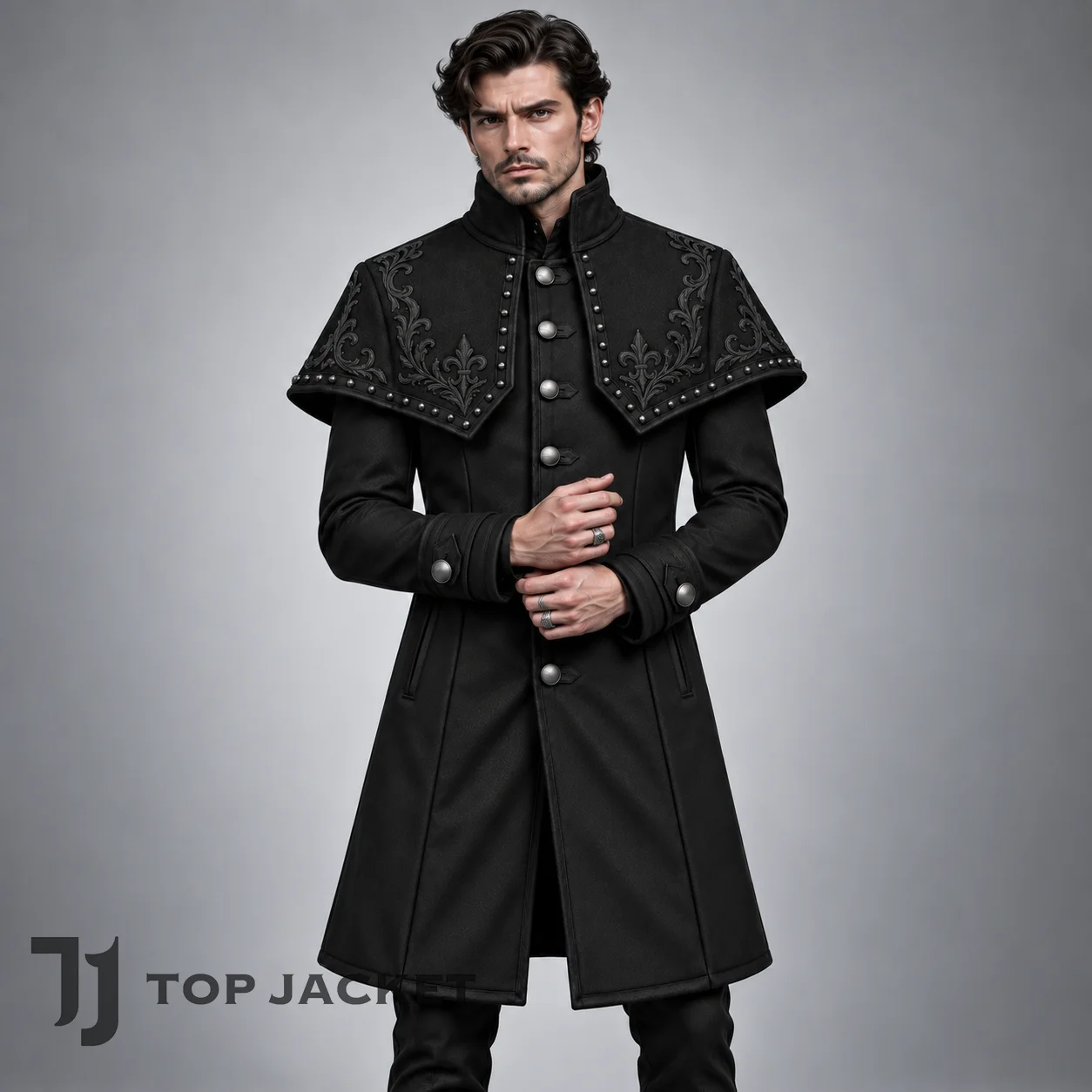 Men's Black Gothic Vampire Coat, Victorian Aristocrat Jacket, Embroidered Military Style Overcoat, Gothic Wedding Outfit Men's Black Gothic Vampire Coat, Victorian Aristocrat Jacket, Embroidered Military Style Overcoat, Gothic Wedding Outfit