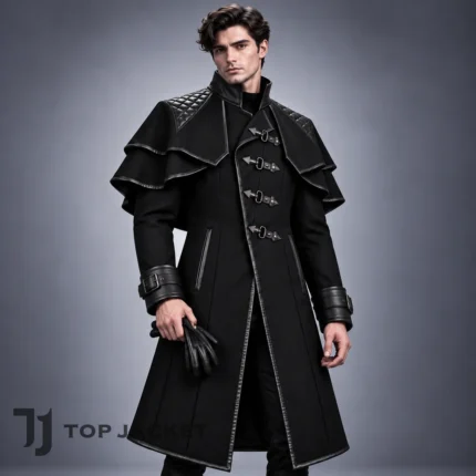Men's Gothic Buckle Coat, Black Steampunk Long Jacket, Victorian Military Uniform, Dark Academia Outerwear, Fantasy Vampire Costume