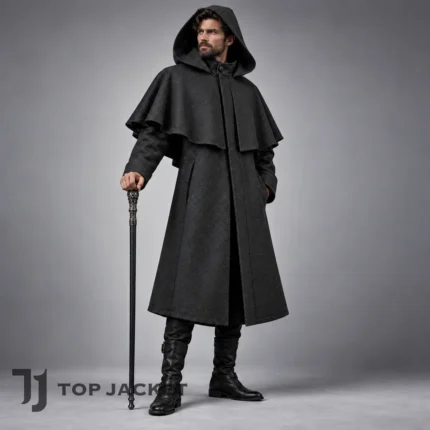 Men's Gothic Hooded Coat, Black Medieval Cloak Jacket, Victorian Long Coat, Dark Fantasy Cape, Renaissance Cosplay Costume