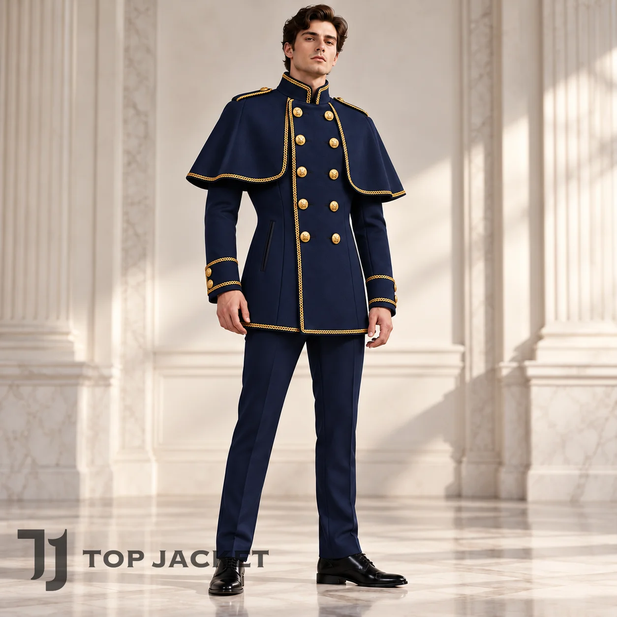 Men's Gothic Military Cape Coat Navy Blue Steampunk Officer Jacket, Victorian Royal Uniform, Renaissance Costume Men's Gothic Military Cape Coat Navy Blue Steampunk Officer Jacket, Victorian Royal Uniform, Renaissance Costume