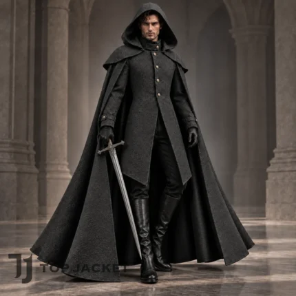 Men's Gothic Renaissance Hooded Coat, Black Jacquard Medieval Cloak Cape, Dark Fantasy Cosplay, Victorian Vampire Costume