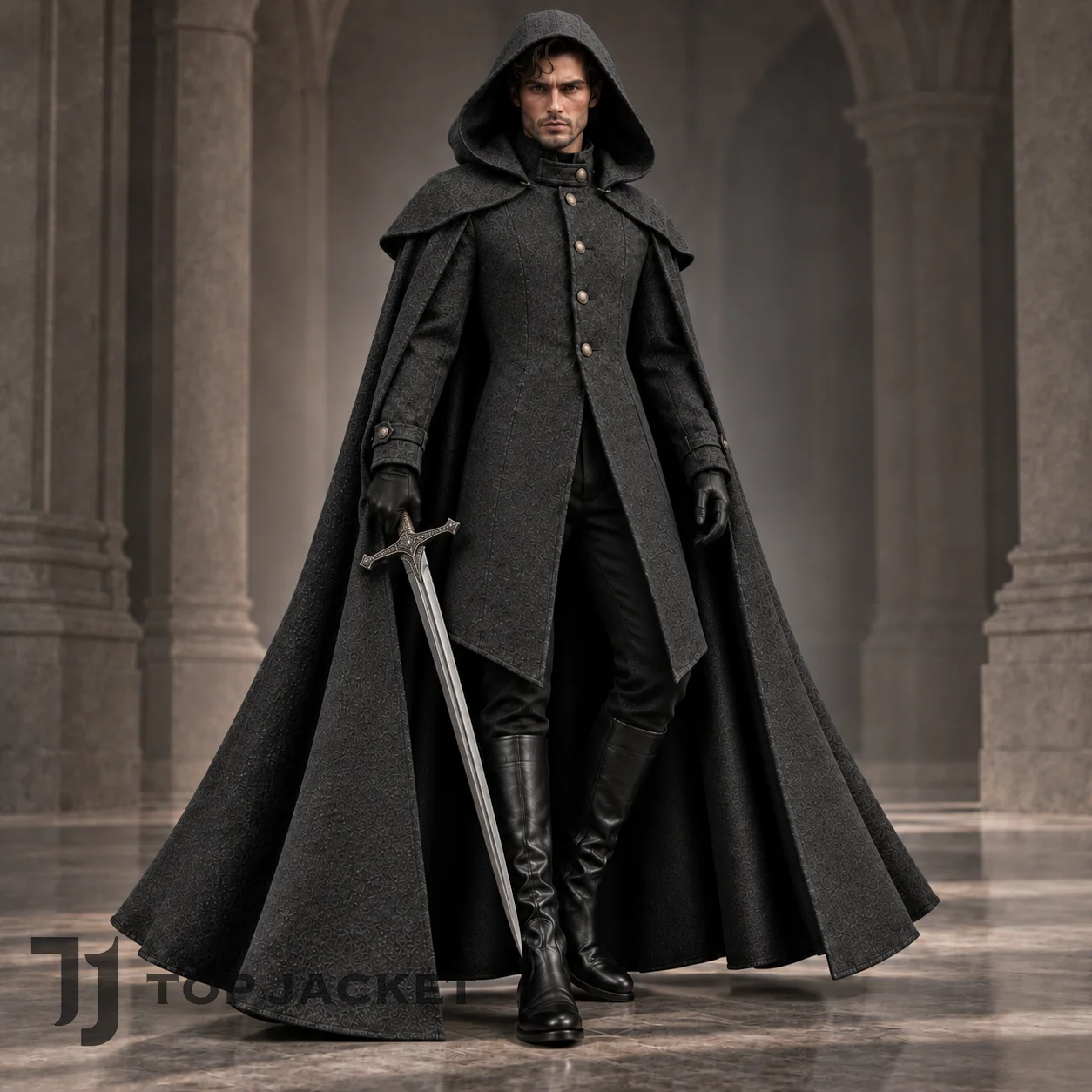 Men's Gothic Renaissance Hooded Coat, Black Jacquard Medieval Cloak Cape, Dark Fantasy Cosplay, Victorian Vampire Costume Men's Gothic Renaissance Hooded Coat, Black Jacquard Medieval Cloak Cape, Dark Fantasy Cosplay, Victorian Vampire Costume