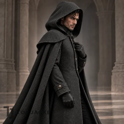 Men's Medieval Hooded Cloak Coat, Black Gothic Renaissance Cape, Fantasy Wizard Robe, Victorian Steampunk LARP Costume