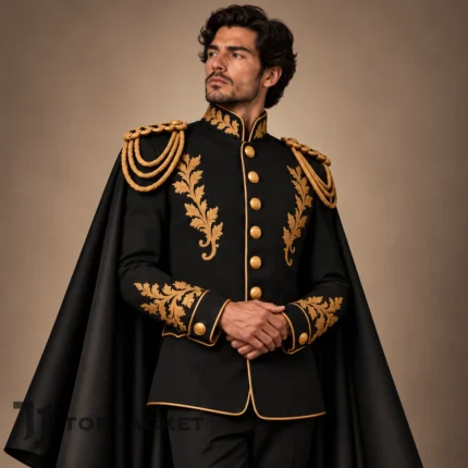 Men's Renaissance Royal Cape Jacket, Gold Embroidered Military Officer Coat, Victorian Nobleman Cosplay