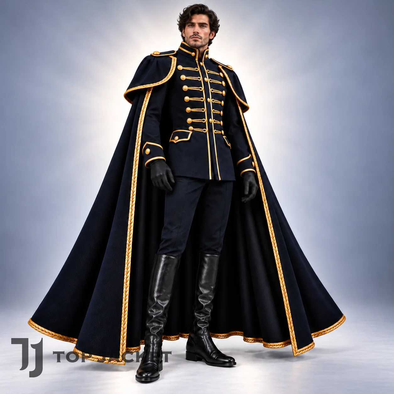 Men's Royal Commander Cape Costume, Victorian Military Officer Jacket, Gold Braided Navy Parade Uniform Men's Royal Commander Cape Costume, Victorian Military Officer Jacket, Gold Braided Navy Parade Uniform