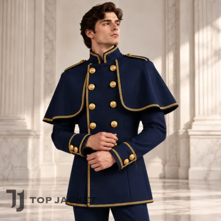 Men's Royal Military Cape Jacket Navy Gold Trim Officer Coat, Victorian Prince Costume, Fantasy Cosplay Outfit