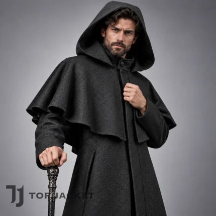 Men's Victorian Gothic Hooded Coat, Black Long Cape Jacket, Medieval Renaissance Cloak, Dark Academia Outerwear, Fantasy Costume