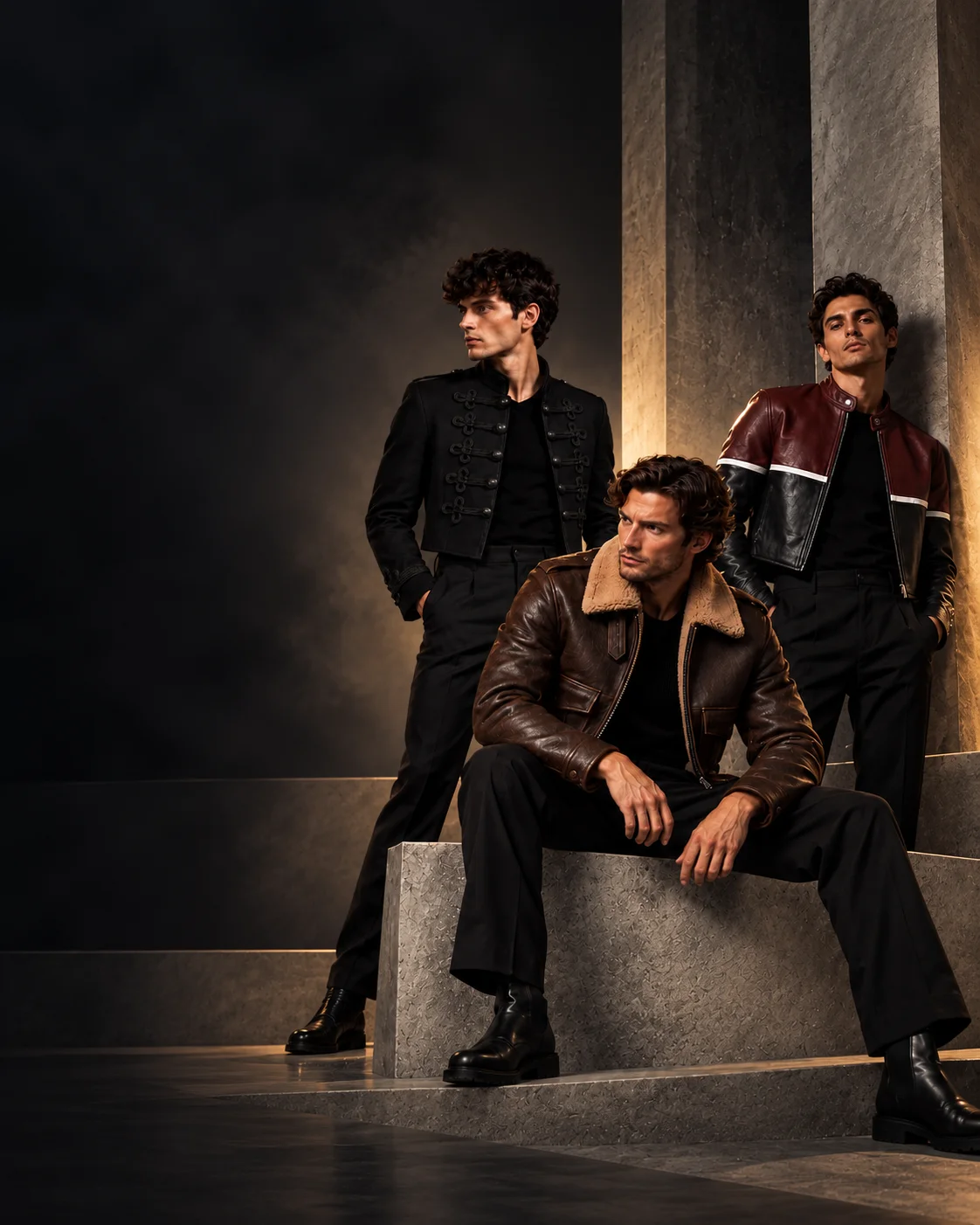 Men wearing cropped parade, aviator and leather café racer jackets